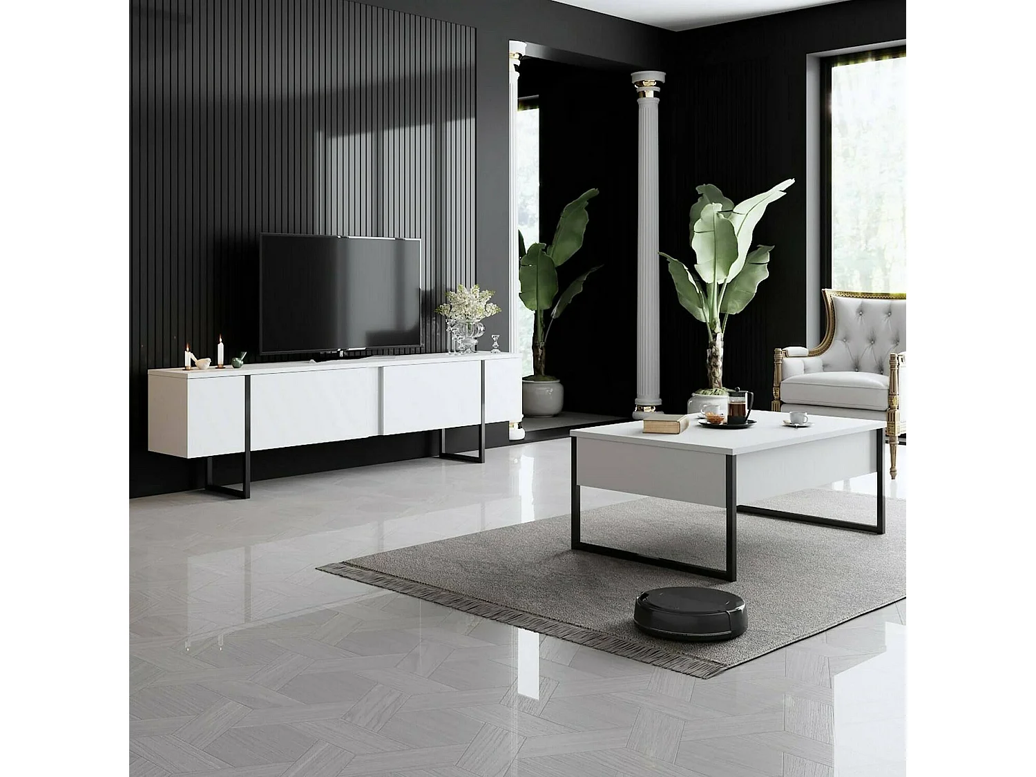 Table basse Canis, Table basse, Porte-revues pour canapé, Etagère de salon, 90x60h40 cm, Blanc et Noir