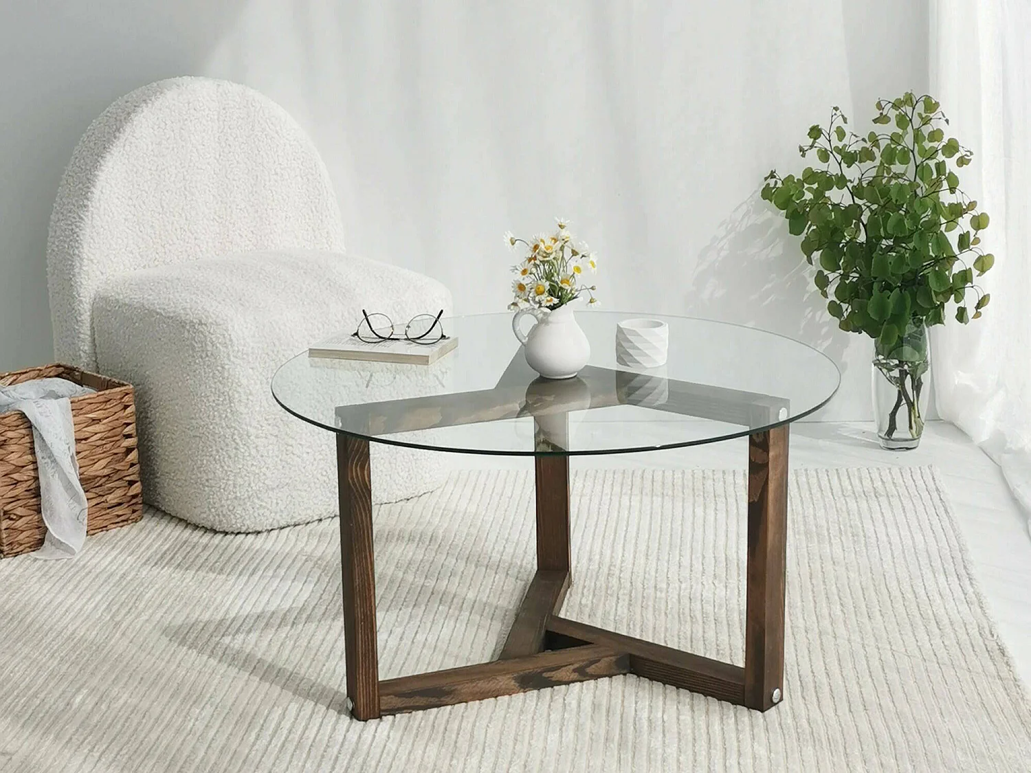 Mesa de centro Luigia, forma redonda, 75x75x40h cm, marrón nogal, sobre de vidrio, estante transparente