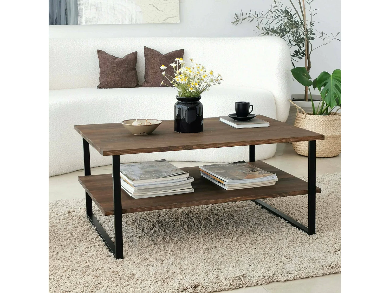 Table basse Errai, Table basse, Porte-revues pour canapé, Etagère de salon, 85x60h40 cm, Noyer