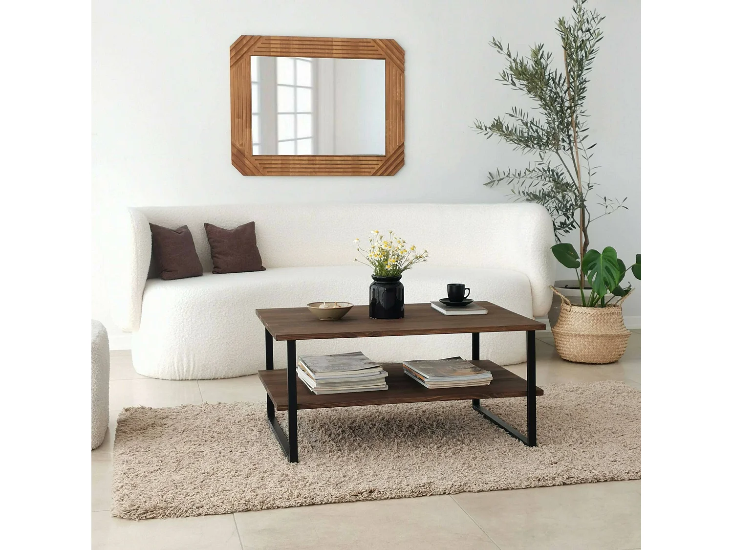 Table basse Errai, Table basse, Porte-revues pour canapé, Etagère de salon, 85x60h40 cm, Noyer