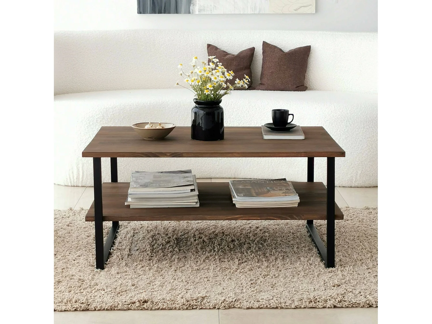 Table basse Errai, Table basse, Porte-revues pour canapé, Etagère de salon, 85x60h40 cm, Noyer