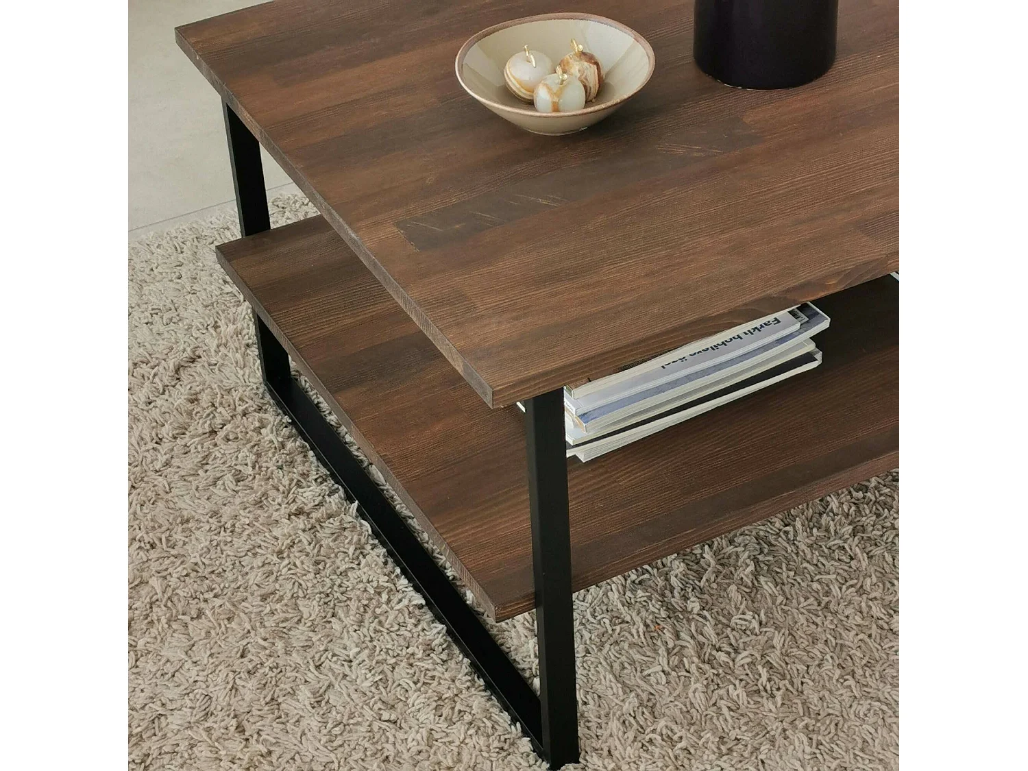 Table basse Errai, Table basse, Porte-revues pour canapé, Etagère de salon, 85x60h40 cm, Noyer