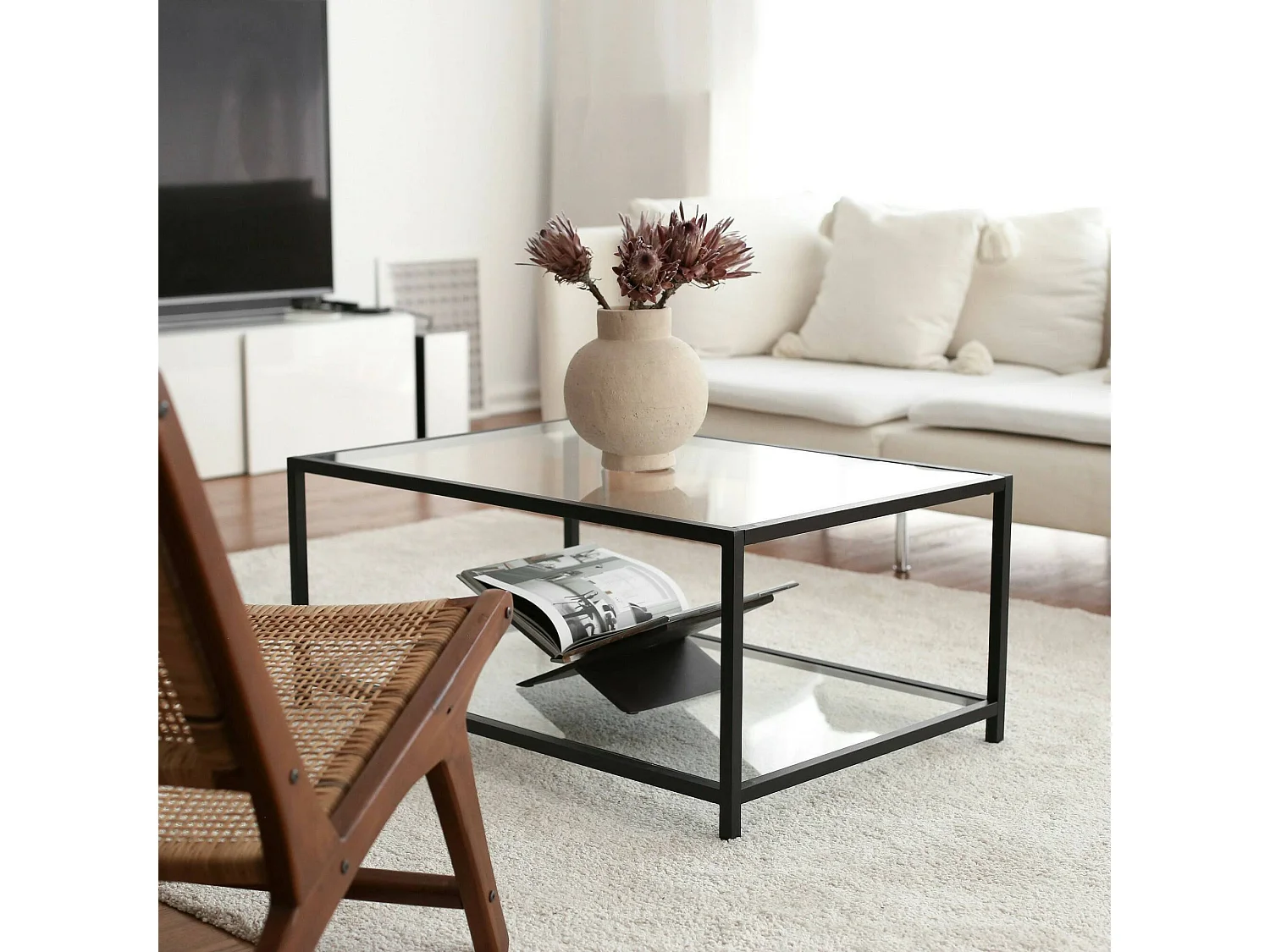 Mesa de centro Djureski, Mesa de café, Porta-revistas para sofá, Prateleira para sala de estar, 90x60h40 cm, Tortora e Preto