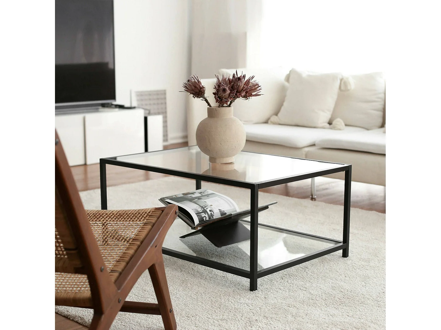 Table basse Mina, un compartiment, 90x60x40h cm gris taupe, forme rectangulaire, plateau transparent