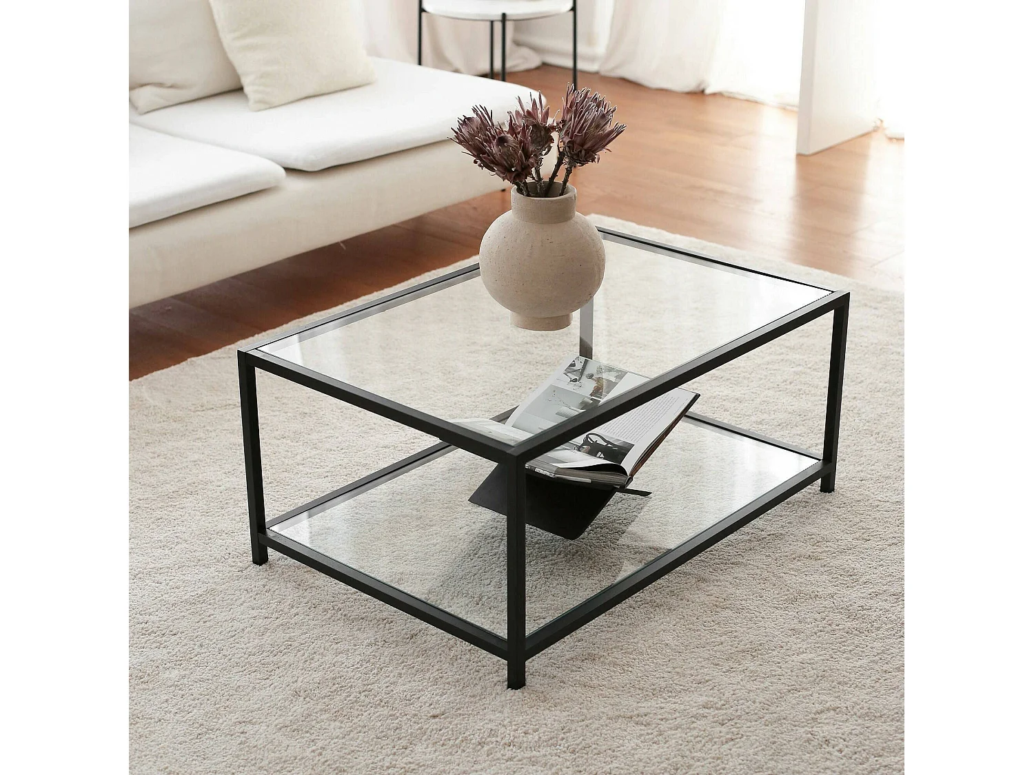 Table basse Mina, un compartiment, 90x60x40h cm gris taupe, forme rectangulaire, plateau transparent