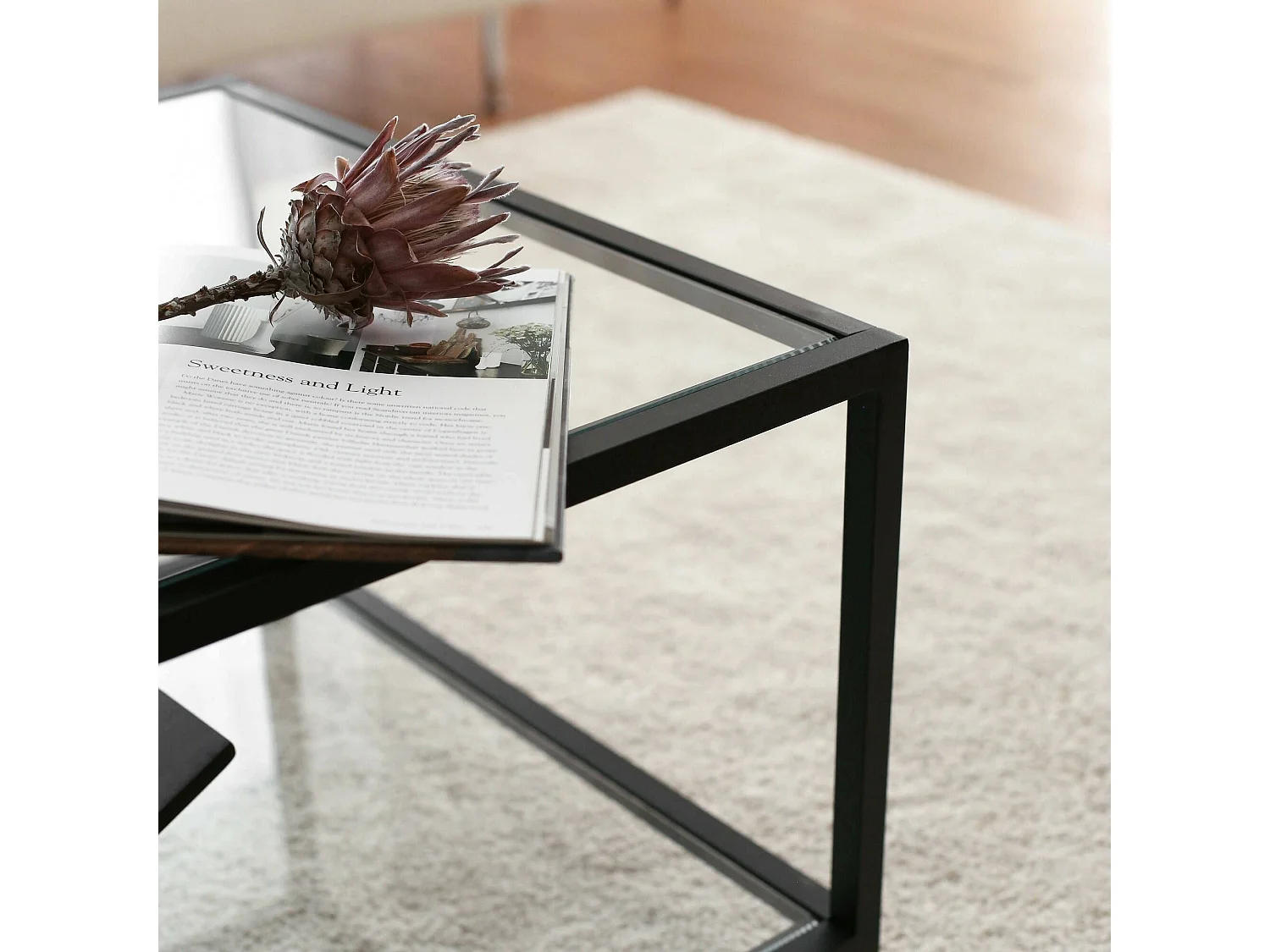 Table basse Mina, un compartiment, 90x60x40h cm gris taupe, forme rectangulaire, plateau transparent