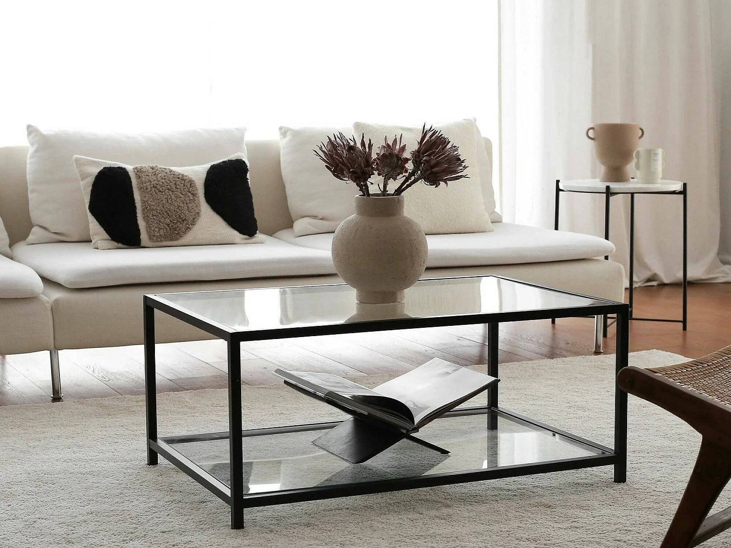 Table basse Mina, un compartiment, 90x60x40h cm gris taupe, forme rectangulaire, plateau transparent