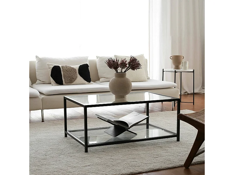 Table basse Diphda, Table basse, Porte-revues pour canapé, Etagère de salon, 90x60h40 cm, Taupe et Noir