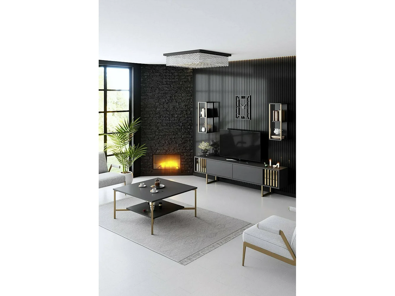 Mesa de estar Dichiar, Mesa de café, Porta-revistas para sofá, Prateleira para sala, 80x80h40 cm, Antracite e Preto