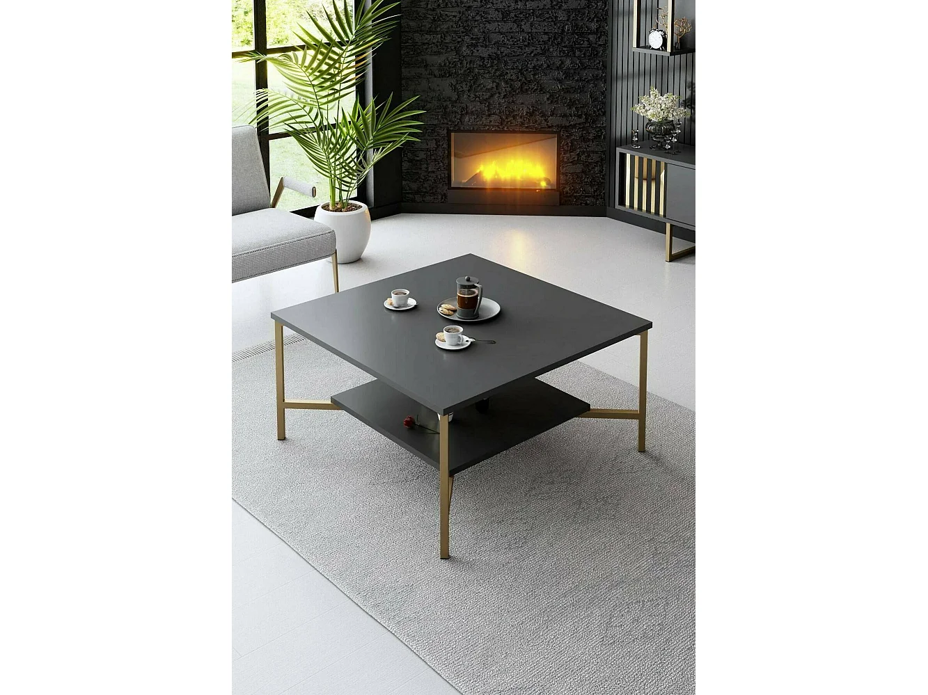 Mesa de estar Dichiar, Mesa de café, Porta-revistas para sofá, Prateleira para sala, 80x80h40 cm, Antracite e Preto