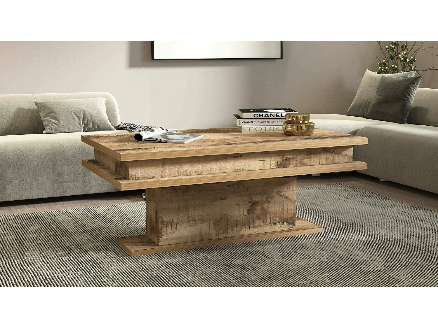 Table basse Léon, Table basse de salon, Meuble bas de rangement, Table basse, 100x55h42 cm, Érable