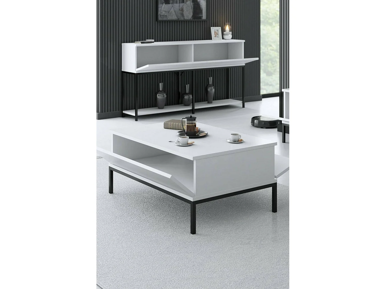 Dfiamozz-safronttafel, Koffietafel, Softaanrechthouder, Afdek voor de woonkamer, 90x60h40 cm, Zwart-wit