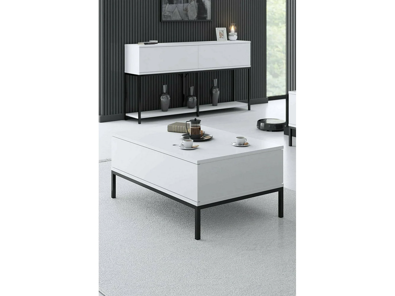 Dfiamozz-safronttafel, Koffietafel, Softaanrechthouder, Afdek voor de woonkamer, 90x60h40 cm, Zwart-wit