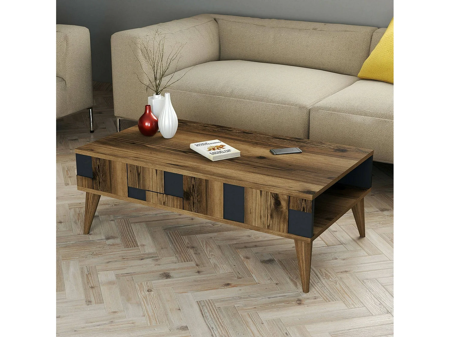 Mesa de café Dminut, Mesa de café, Porta-revista para sofá, Prateleira de sala, 105x60h38 cm, Nogueira e Antracite