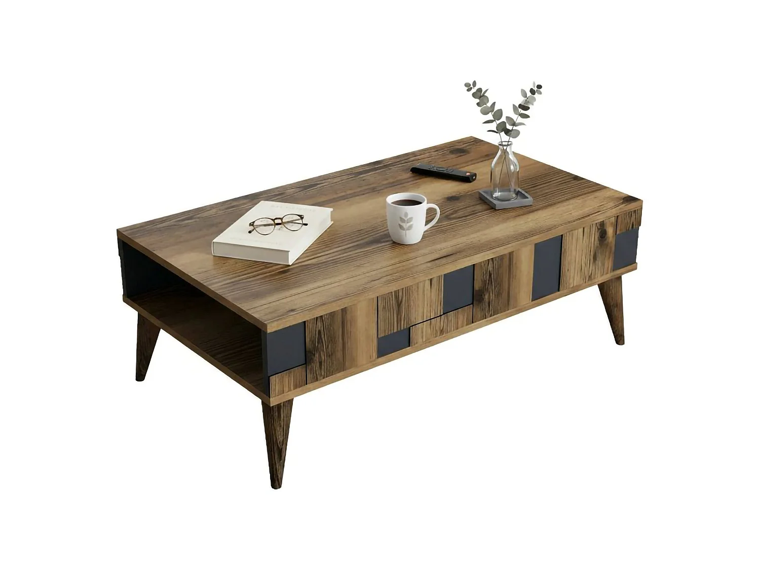 Table basse Kitalpha, Table basse, Porte-revues pour canapé, Etagère de salon, 105x60h38 cm, Noyer et Anthracite