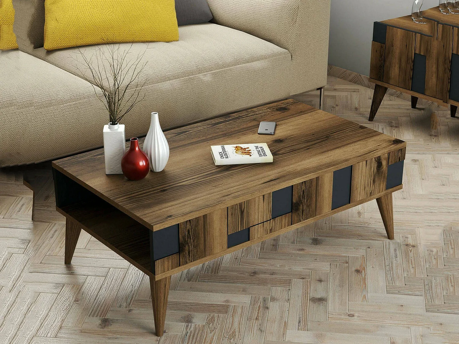 Table basse Kitalpha, Table basse, Porte-revues pour canapé, Etagère de salon, 105x60h38 cm, Noyer et Anthracite