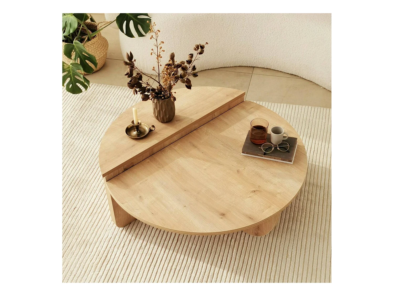 Table basse Canopus, Table basse, Porte-revues pour canapé, Etagère de salon, 90x90h35 cm, Chêne