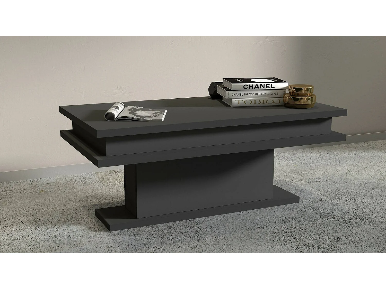 Table basse Léon, Table basse de salon, Meuble bas de rangement, Table basse, 100x55h42 cm, Anthracite