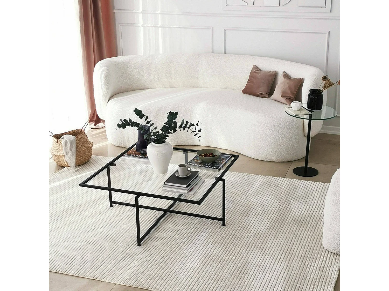 Table basse Dabih, Table basse, Porte-revues pour canapé, Etagère de salon, 85x85h35 cm, Noir