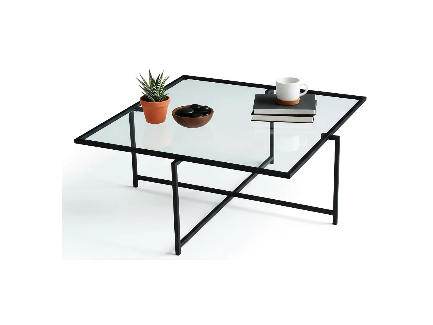 Table basse Mascate, résistante à la buée, 85x85x35h cm noire, forme carrée, plateau en verre