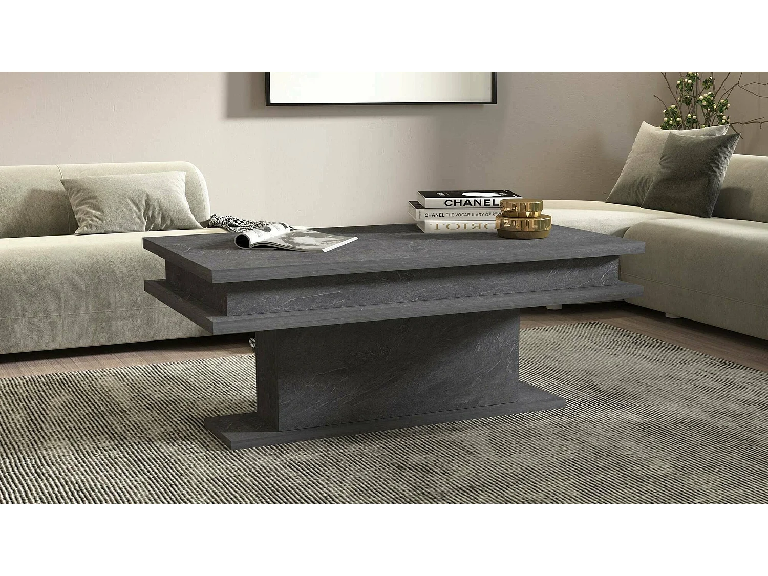 Table basse Léon, Table basse de salon, Meuble bas de rangement, Table basse, 100x55h42 cm, Ardoise