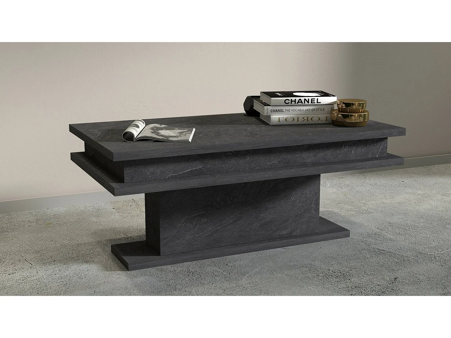 Table basse Léon, Table basse de salon, Meuble bas de rangement, Table basse, 100x55h42 cm, Ardoise