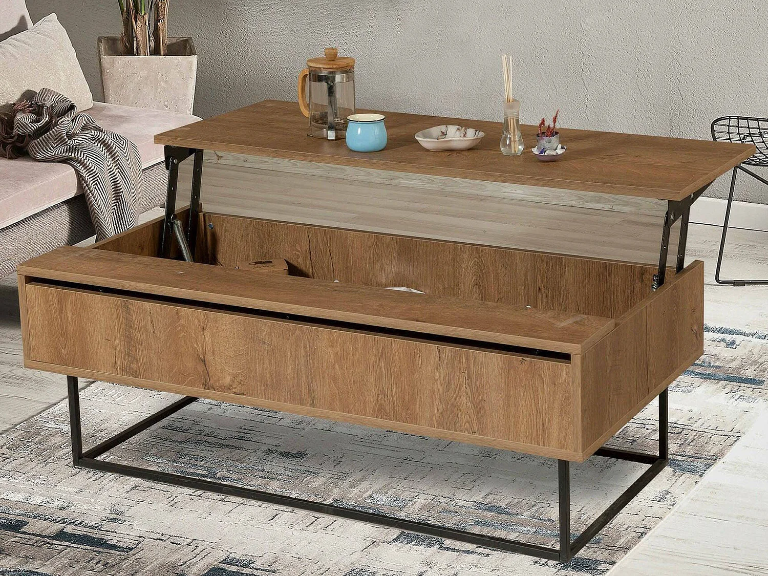 Table basse Alhina, Table basse, Porte-revues pour canapé, Etagère de salon, 120x60h43 cm, Noyer et Noir
