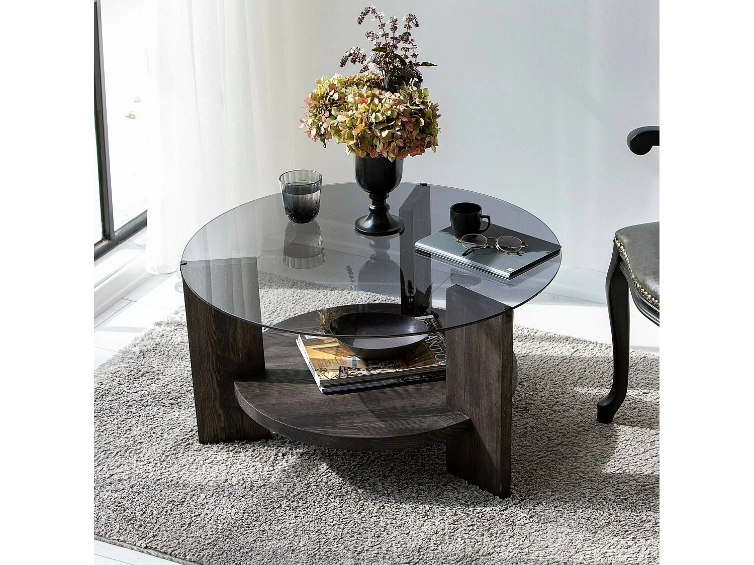 Wohnzimmertisch Dcaporal, Niedriger Wohnzimmertisch, Kaffeeregal, Couchtisch für Sofa, 75x75h40 cm, Anthrazit und Braun