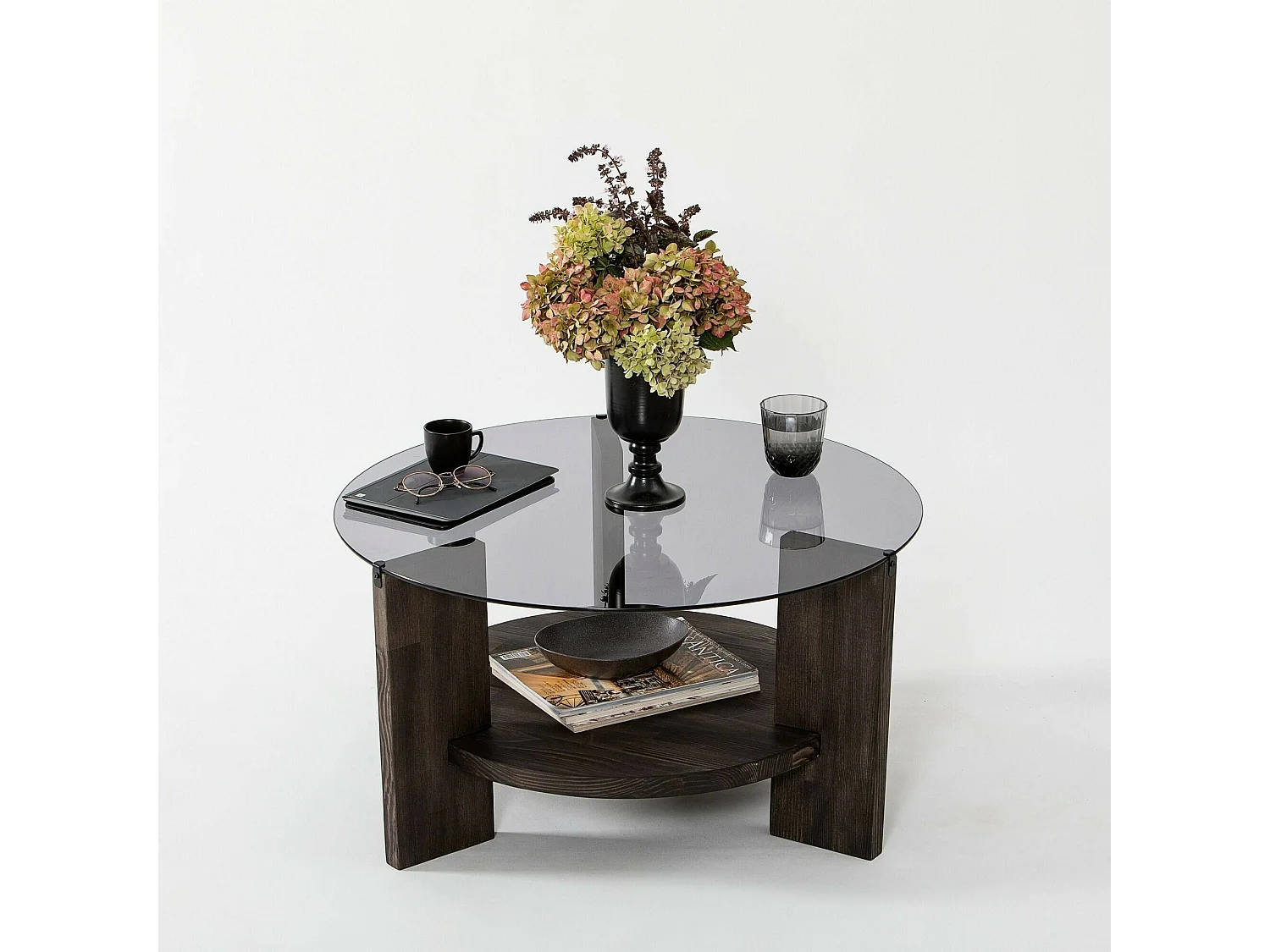 Table basse Alnitak, Table basse, Porte-revues pour canapé, Etagère de salon, 75x75h40 cm, Anthracite et Marron