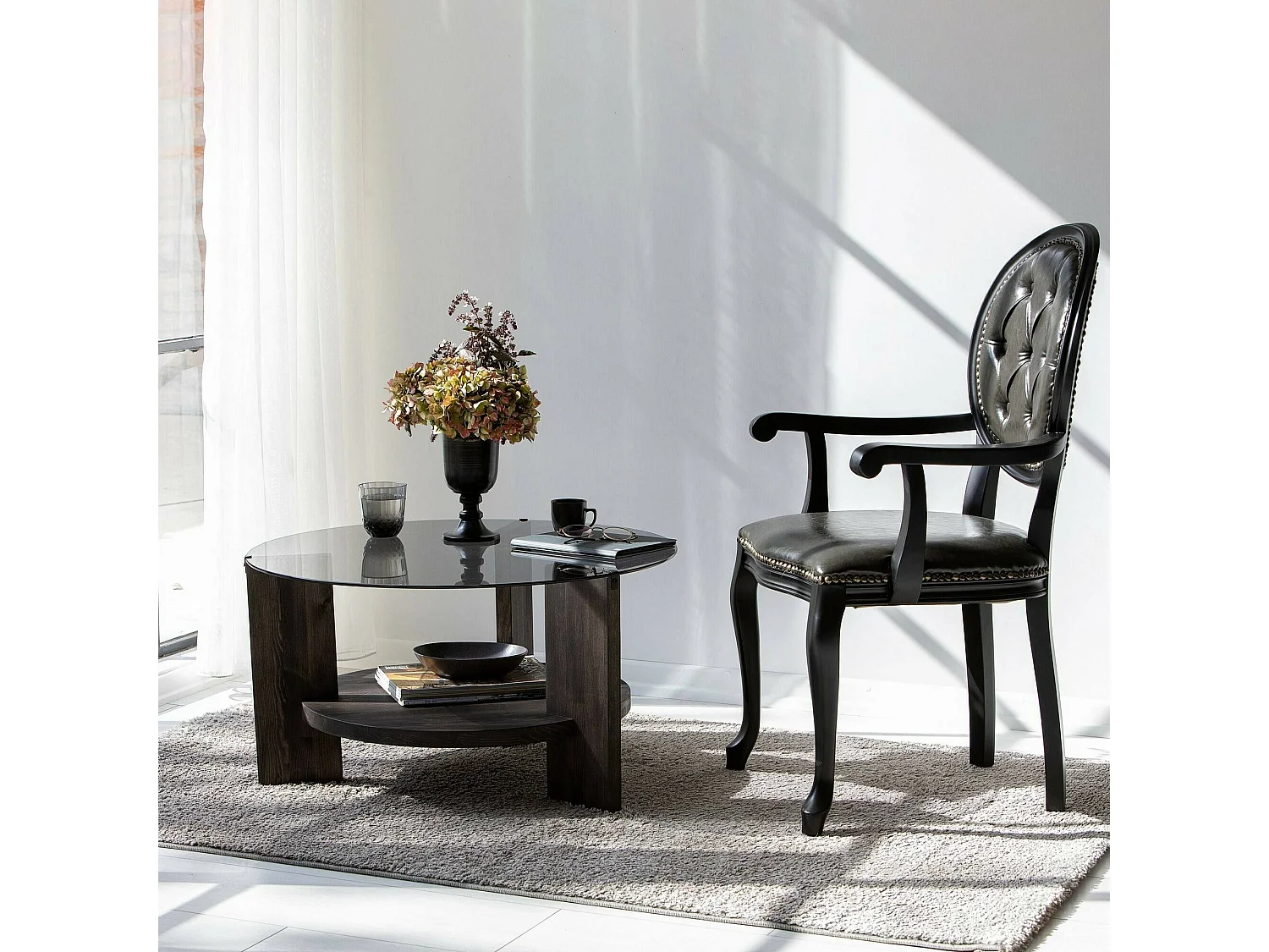 Table basse Alnitak, Table basse, Porte-revues pour canapé, Etagère de salon, 75x75h40 cm, Anthracite et Marron