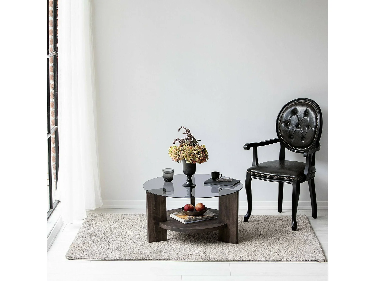 Table basse Alnitak, Table basse, Porte-revues pour canapé, Etagère de salon, 75x75h40 cm, Anthracite et Marron