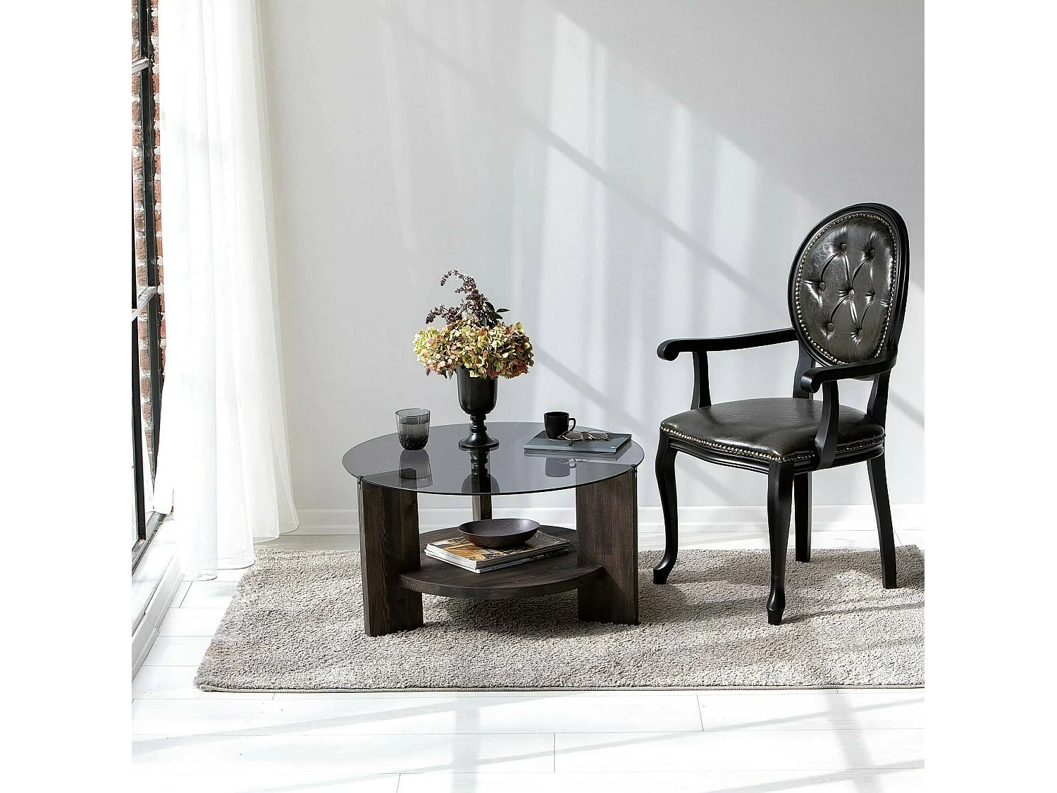 Mesa de sala de estar Dcaporal, Mesa baixa de café, Porta-revistas para sofá, Prateleira de sala de estar, 75x75h40 cm, Antracite e Castanho