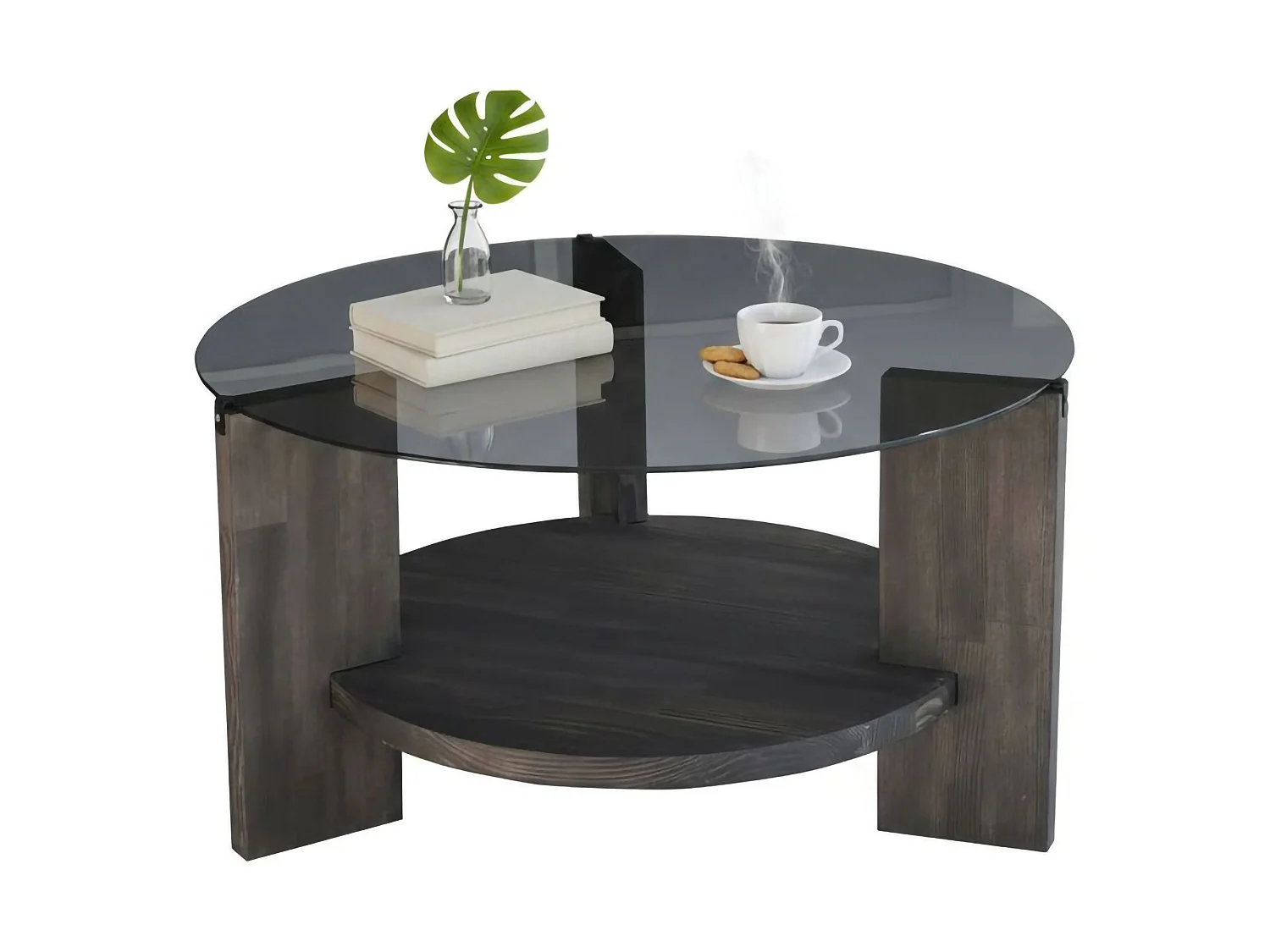Mesa de Centro Felino, Porta-revistas, 75x75x40h cm Preto Antracite, Forma Redonda, Estrutura em Vidro