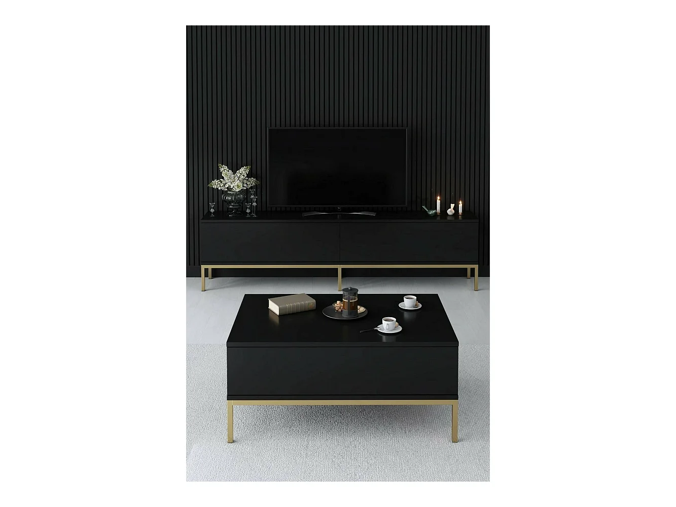 Table basse Antares, Table basse, Porte-revues pour canapé, Etagère de salon, 90x60h40 cm, Noir et Or