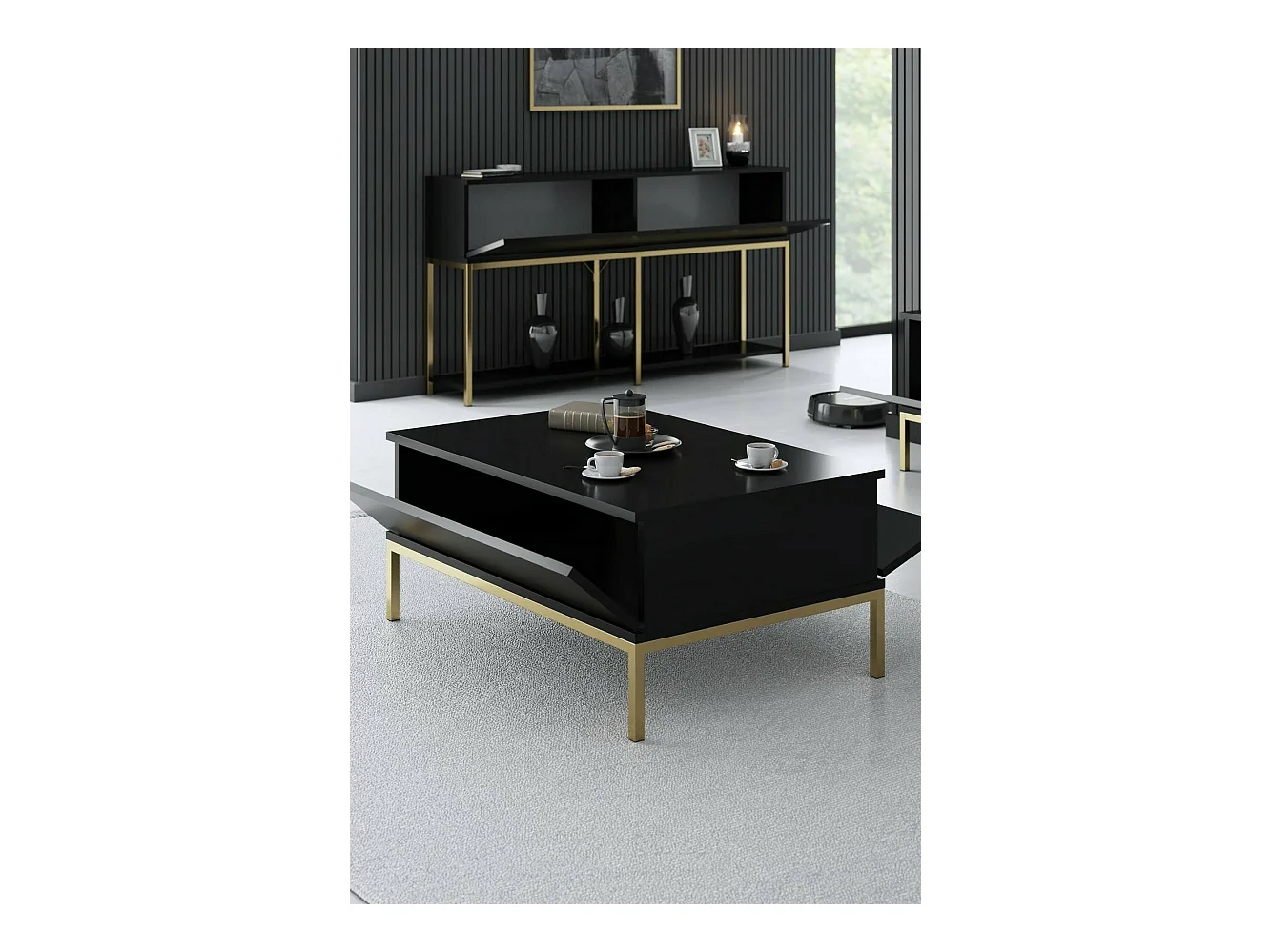 Table basse Antares, Table basse, Porte-revues pour canapé, Etagère de salon, 90x60h40 cm, Noir et Or