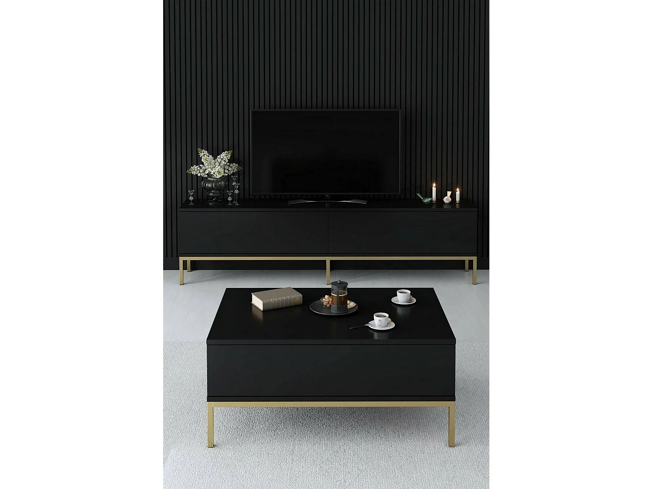 Salontafel Dfiamozz, TaKoffiebasvlucht, Sofa Review Rack, Woonkamerplank, 90x60h40 cm, Zwart en Goud