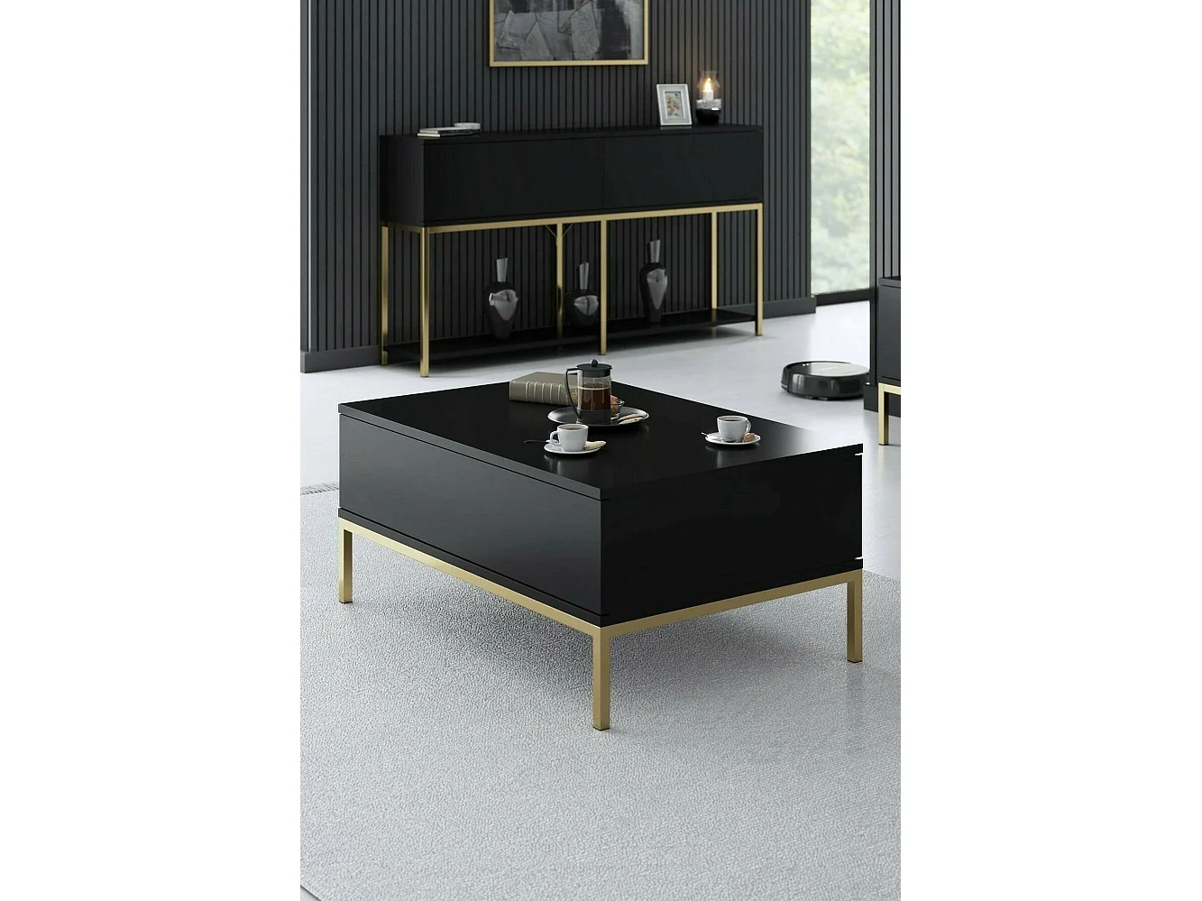 Mesa de café Dfiamozz, Mesa de centro baja, Revistero para sofá, Estante de la sala de estar, 90x60h40 cm, Negro y Oro