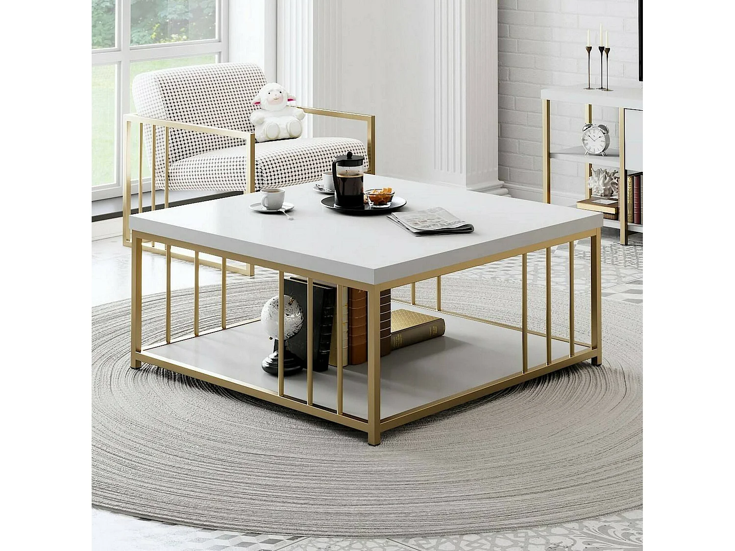 Table basse Ankaa, Table basse, Porte-revues pour canapé, Etagère de salon, 90x39h40 cm, Blanc et Or