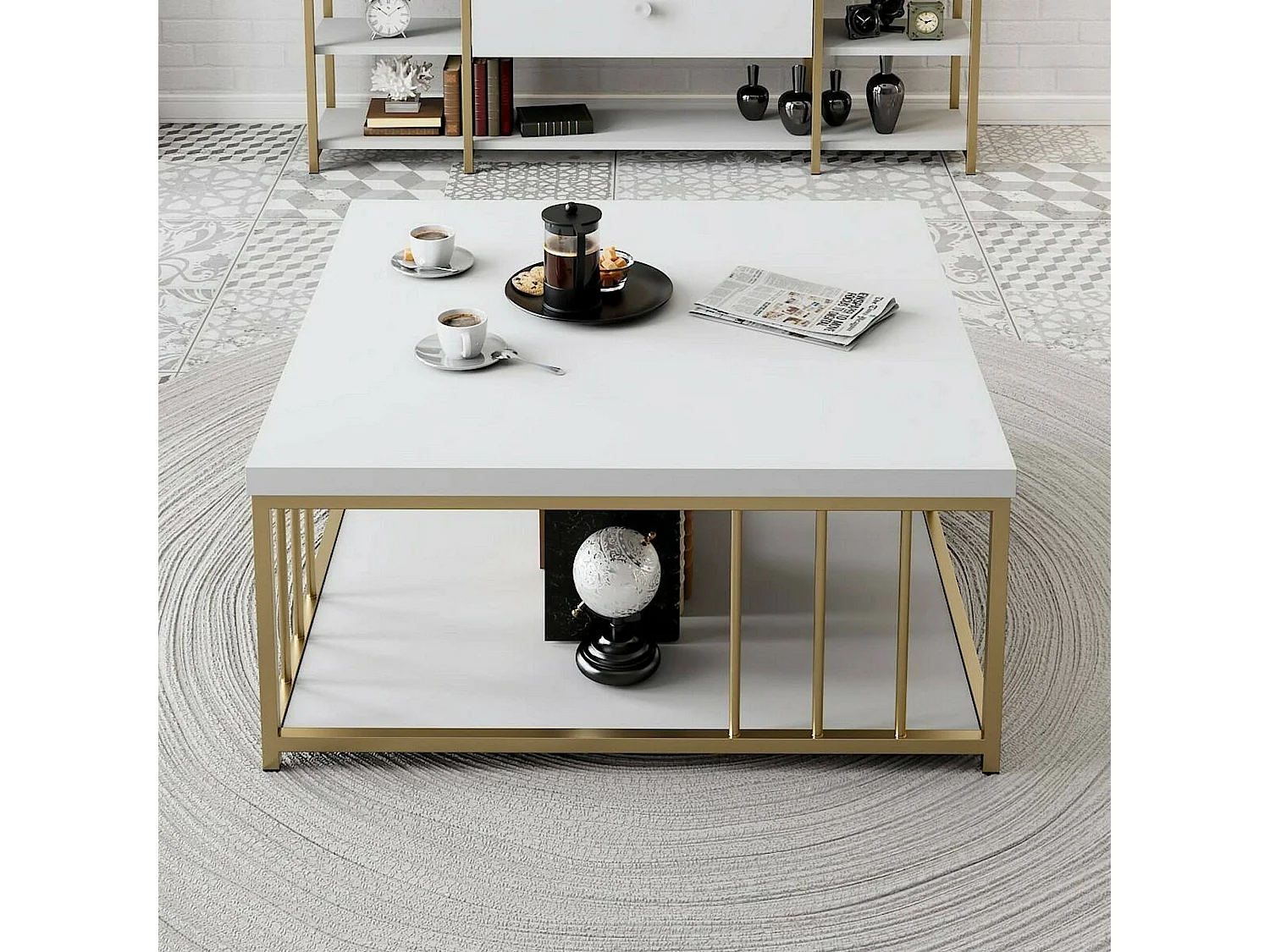 Mesa de centro DFedrizz, Mesa de café, Porta-revistas para sofá, Prateleira para sala de estar, 90x39h40 cm, Branco e Dourado