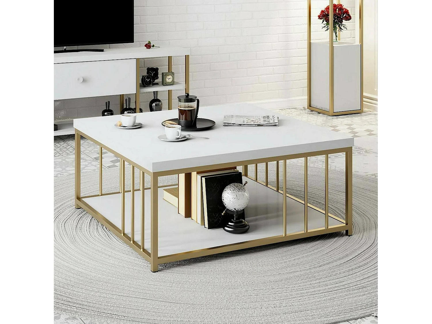 Mesa de centro DFedrizz, Mesa de café, Porta-revistas para sofá, Prateleira para sala de estar, 90x39h40 cm, Branco e Dourado