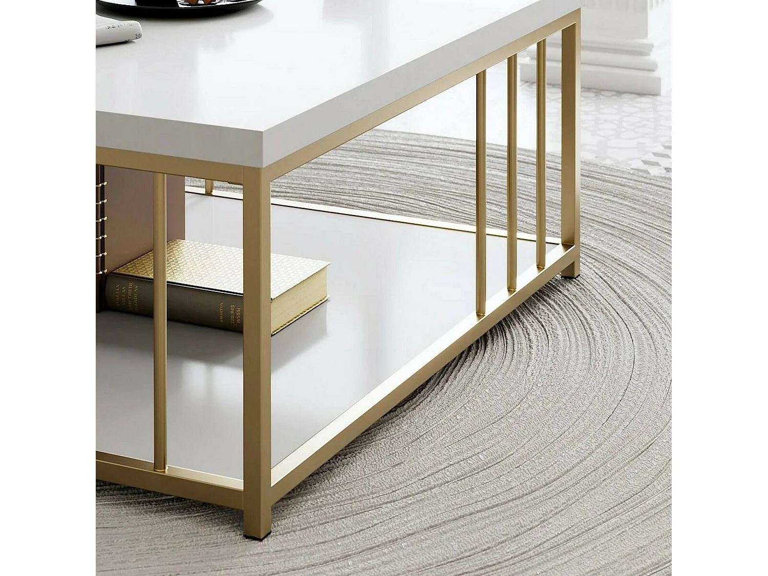 Mesa de centro DFedrizz, Mesa de café, Porta-revistas para sofá, Prateleira para sala de estar, 90x39h40 cm, Branco e Dourado