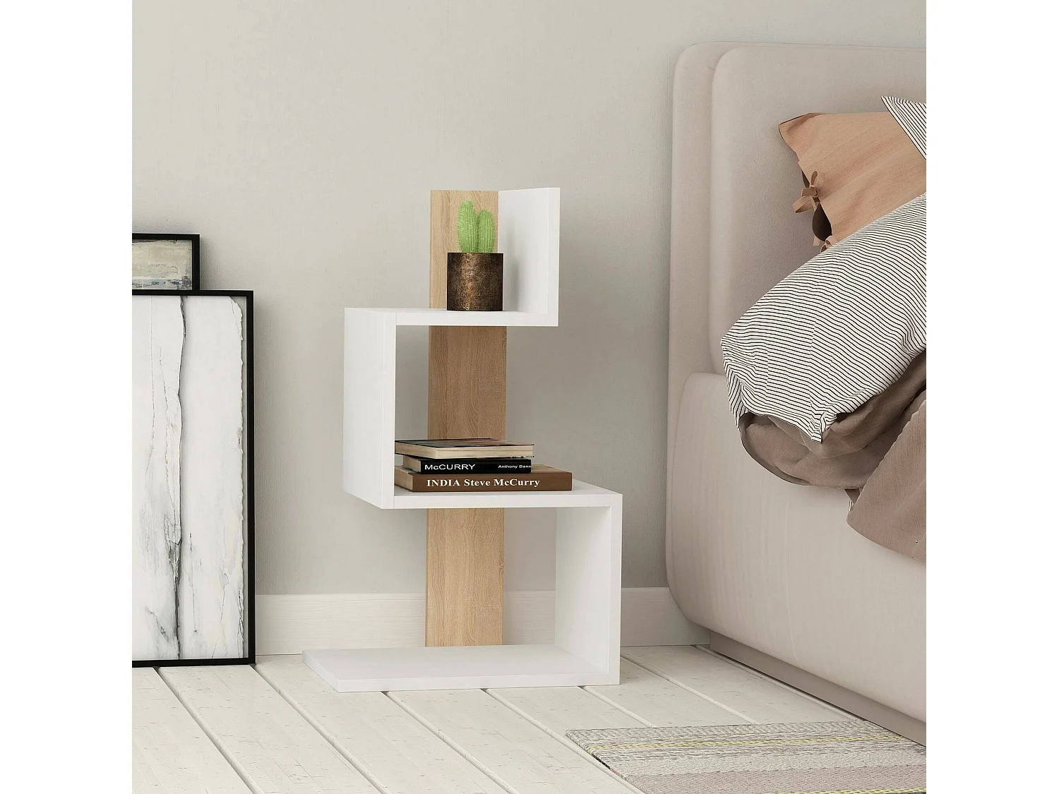 Mesa de centro Dpittali, Mesa basSou de café, porta-revistas para sofá, prateleira para sala de estar, 42x30h72 cm, branco e carvalho