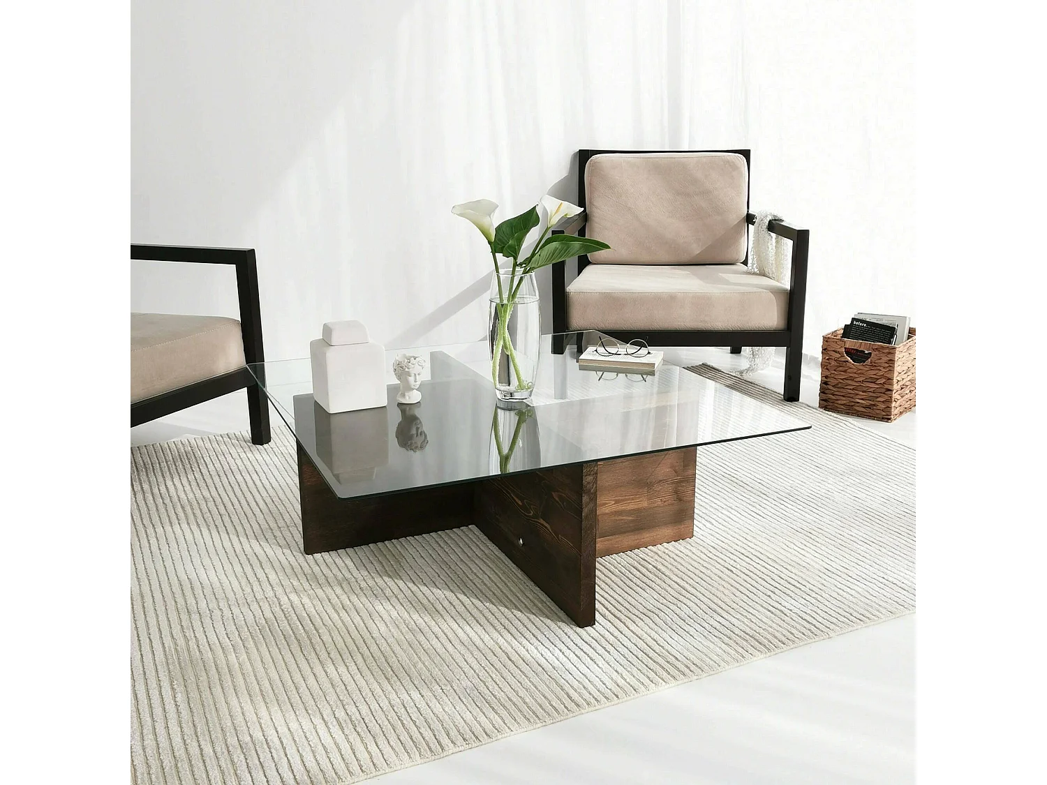 Table basse Coronae, Table basse, Porte-revues pour canapé, Etagère de salon, 90x90h35 cm, Noyer