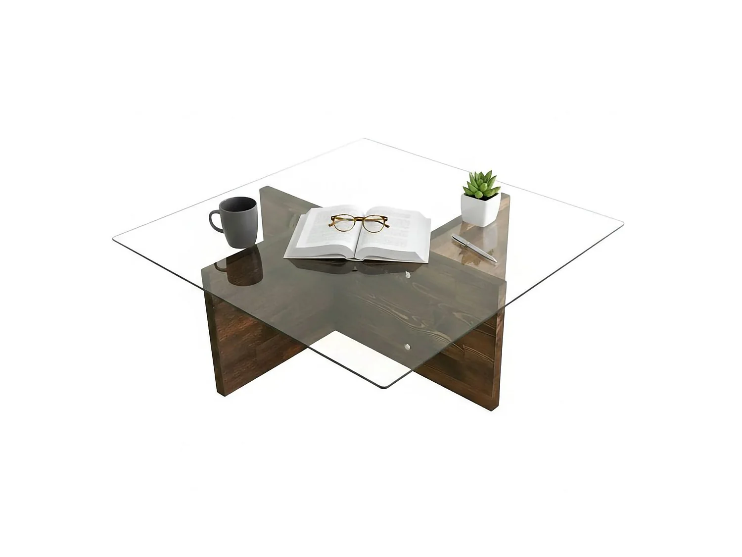 Mesa de centro Dhabi, porta-revistas, 90x90x35h cm castanho nogueira, forma retangular, estrutura com tonalidade nogueira