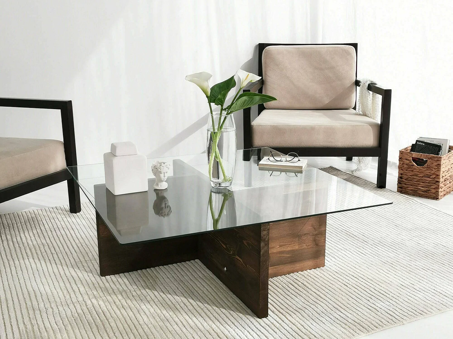 Mesa de centro Dhabi, porta-revistas, 90x90x35h cm castanho nogueira, forma retangular, estrutura com tonalidade nogueira