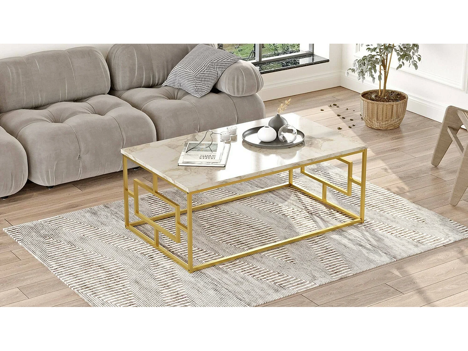 Table basse Cygnus, Table basse, Porte-revues pour canapé, Etagère de salon, 100x60h40 cm, Marbre Blanc et Or