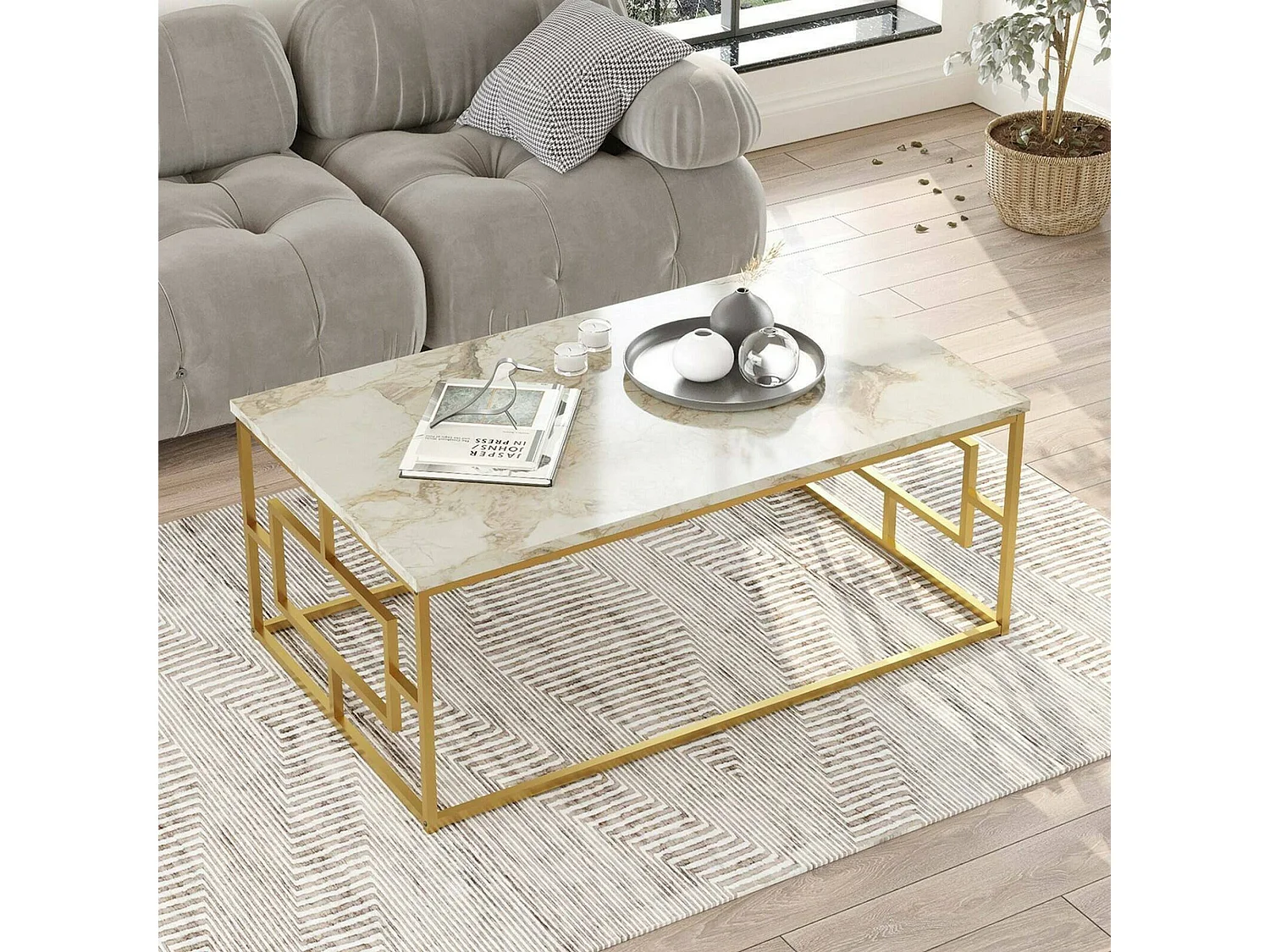 Table basse Cygnus, Table basse, Porte-revues pour canapé, Etagère de salon, 100x60h40 cm, Marbre Blanc et Or