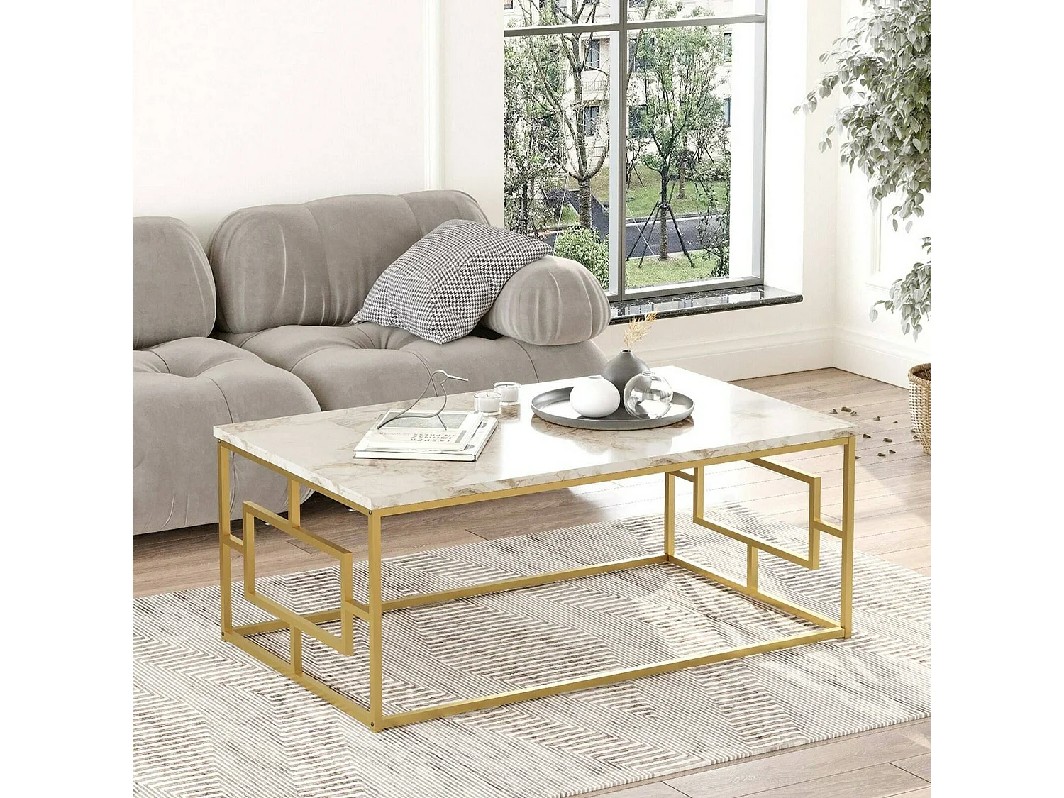 Table basse Cygnus, Table basse, Porte-revues pour canapé, Etagère de salon, 100x60h40 cm, Marbre Blanc et Or