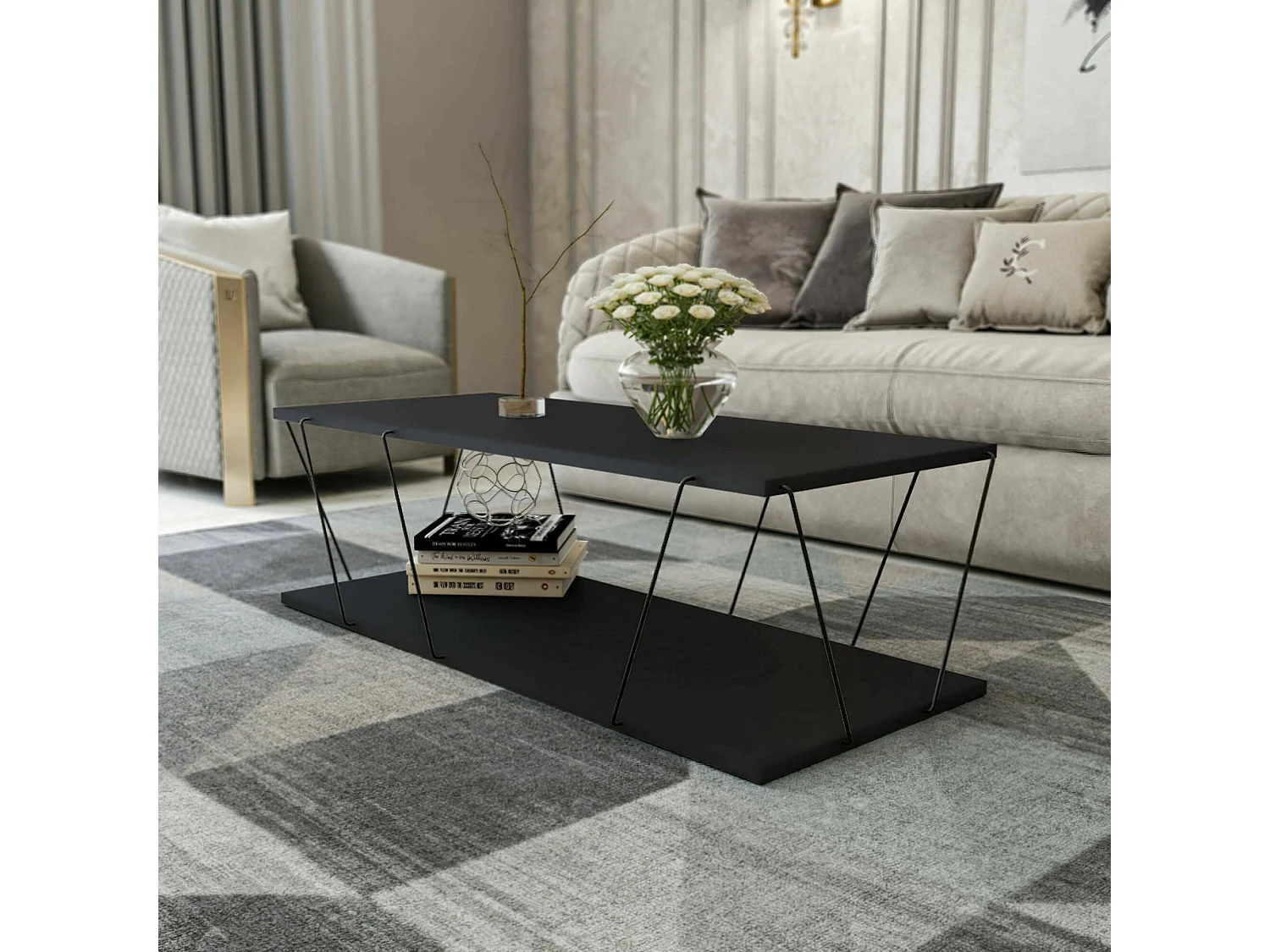 Table basse Harmonia, Table basse, Porte-revues pour canapé, Etagère de salon, 120x50h30 cm, Anthracite et Noir