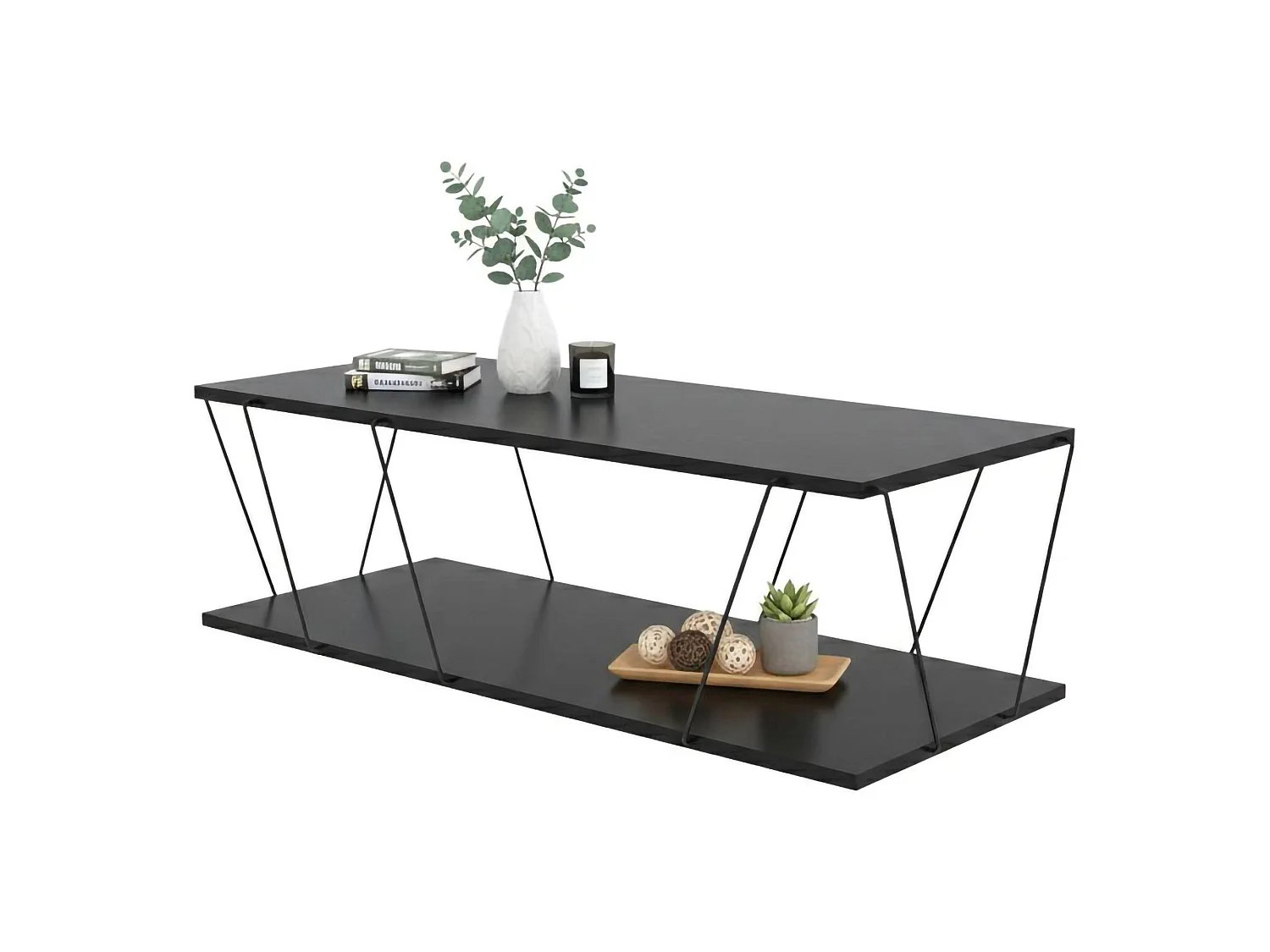 Table basse Harmonia, Table basse, Porte-revues pour canapé, Etagère de salon, 120x50h30 cm, Anthracite et Noir